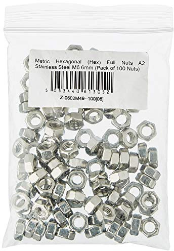 AHCMetric Hexagonal (Hex) Full Nuts A2 Stainless Steel M6 6mm (Pack of 100 Nuts)