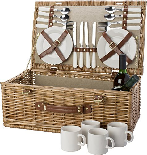 Picknickkorb “Premium” für 4 Personen, Set bestehend aus jeweils 4 Gabeln, Messer, Kaffeelöffel, Tellern und Kaffeebechern. Ca. 54x34x20cm