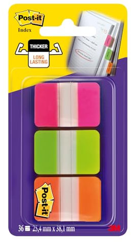 Post-it Haftstreifen Index Strong - 36 Haftstreifen 25,4 mm x 38,1 mm - Farben: Orange, Pink, Grün - Zum Markieren, Hervorheben oder Farbcodieren wichtiger Informationen