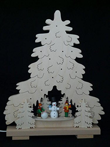 Rudolphs Schatzkiste Schwibbogen mit Tanne mit Winterkinder Schneemann und Beleuchtung BxHxT 44x51x7cm NEU Lichterbogen Fensterbogen Spitzbogen Erzgebirge Seiffen Weihnachten Licht Holz Dekoration