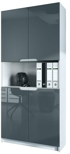 Vladon Büroschrank Logan V2, Made in Germany, Aktenschrank mit 5 Fächern und 4 Türen, Weiß matt/Grau Hochglanz (82 x 184 x 37 cm)