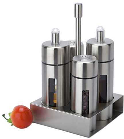 Antcher Basic - Set di saliera e pepiera, in acciaio inossidabile e acrilico, per olio e aceto, sale e pepe, 4 pezzi