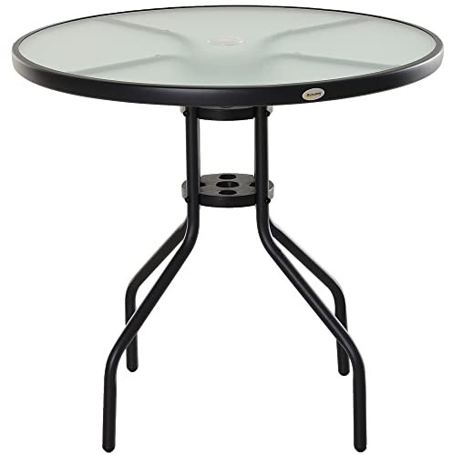 Outsunny 80 cm Round Garden Dining Table with Parasol Hole for 4, Outdoor Coffee Bistro End Side Table with Tempered Glass Top and Steel Frame for Patio, Porch, Black