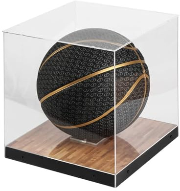 J JACKCUBE DESIGN Basketball Display Case Stand with Wooden Base, Clear Storage for Collectible Sports Memorabilia Holder Cube Case, Autograph Ball Standing Display, Floor (Printing) - MK342SS