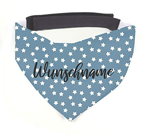 Hundehalstuch mit Namen Vintage Sterne blau personalisiert inklusive Wunschname z.B. Name Ihres Hundes mit 12 cm Klettverschluss für kleine, mittlere und große Hunde (S = Halsumfang 32-38 cm)