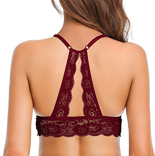 SHEKINI Women's Lace Bralette V Neck Wireless Bra Padded Sexy Backless Brassiere for Everyday Wear, Wine Red, X-Large