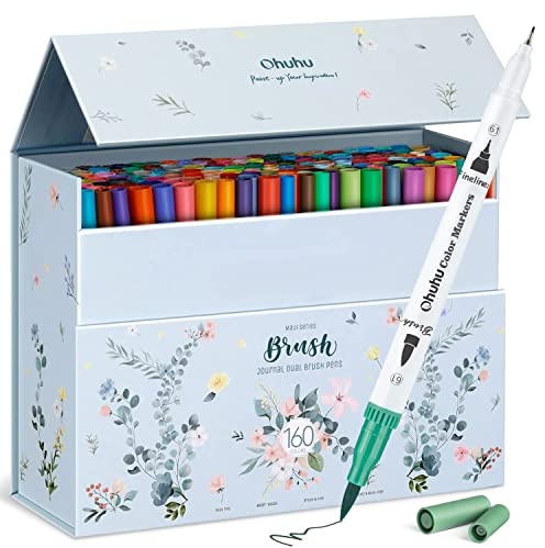Ohuhu Filzstifte 160 Pinsel & Fineliner wasserbasiert zum Ausmalen | Doppelspitze für Schattierung Mischung & Detail Geruchslos & Ungiftig Ideal für Malbücher Kalligraphie Zeichnen - Maui