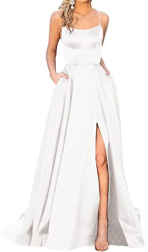 Onsoyours Ballkleider Off Shoulder Kleider Damen Lang Elegant Hochzeit A-Linie Criss-Cross Satin Spaghetti Party Prom Maxi Dress Abendkleider Schlitz Brautkleid Festkleider mit Taschen
