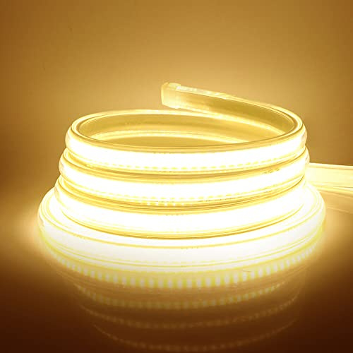 XUNATA Tira de LED COB 220V, Alto Brillo 360 LED/m, IP65 Impermeable, Cada Corte de 50cm, Luz de Cuerda Flexible con Alimentación (1m, Blanco Cálido, 3000K)