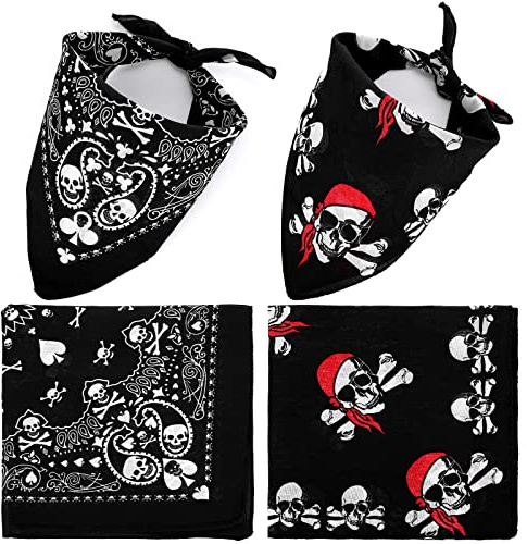 SATINIOR 2 Pañuelos con Estampado Cachemir Calavera Blanca Pirata Naipe de Doble Cara Bandanas Negras para Disfraz Halloween