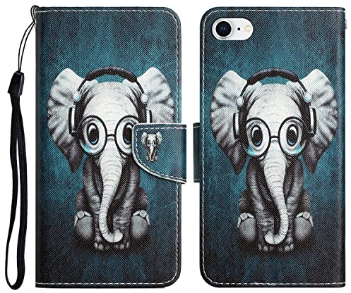 Wenxinkj iPhone SE 2022/2020 & iPhone 7/8 Flip Folio Case - Cute Elephant Pattern, Shockproof, Magnetic Closure, Kickstand, Card Holder