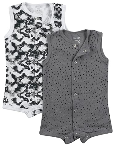 Hanes Unisex Baby Romper, Ultimate Sleeveless For Boys & Girls, 2-pack Bodysuit, Grey Blk Print Set, 6-12 Months US
