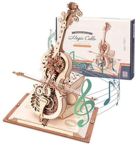 RoWood 3D Puzzle Magisches Cello Spieluhr aus Holz mit Zahnradantrieb, DIY Holzpuzzle Modellbausatz Bastelsets Geschenk für Erwachsene und Teenager