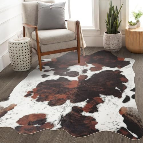 Guyi Rare Kuhfell-Teppich mit niedlichem Kuhmuster, 20 x 180 cm, Kuhfell-Teppich für Wohnzimmer, Schlafzimmer, Esszimmer, brauner Teppich mit Rutschfester Unterseite, Tierteppich für westliche