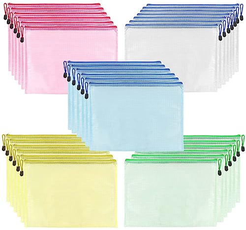 SINJEUN 30 Stück 5 Farben A5 Kunststoff-Brieftaschen, Kunststoffhüllen mit Reißverschluss, Dokumententasche für Papier, Akten und Bastelmaterialien