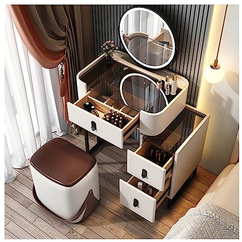 Scrivania per Trucco con Specchio e luci, Set di vanità con Sedia, tavolino da Toilette Contemporaneo con cassetti e armadietto, cassettiera per Camera da Letto