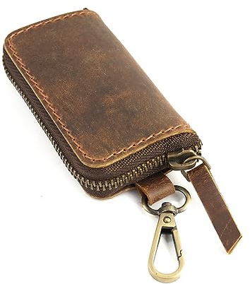 Handmade Full Grain Leather Car Key Holder & Zippered Coin Purse | Belt Loop Key Chain, Compact Earphone Holder, Multi-Functional Money Purse, Elegant Leather Accessory, Versatile Key Organizer