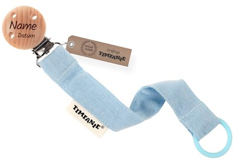 Timfanie® Schnullerhalter | BOY | babyblau | Band/Kette aus Stoff mit Gravur & Adapter