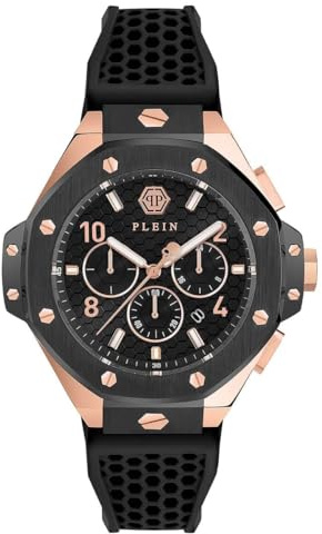 Philipp Plein Plein Chrono Royal Collection Montre de luxe pour homme avec un bracelet noir et un cadran avec un boîtier bicolore