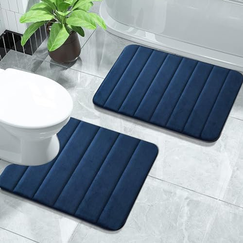 PHP Super Soft Memory Foam Velvet Mat - Modern Design Anti Slip Bath Mat 2 Pieces Sets 50 x 80 cm, 50 x 40 cm Washable Bathroom Door Mat - Navy