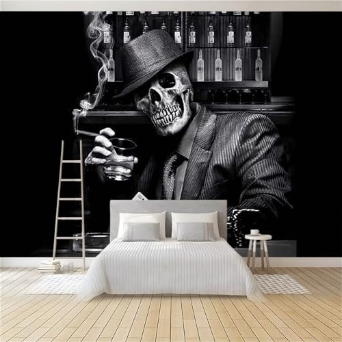 Tapete 3D Fototapete Totenkopf Gentleman Schwarz 300 x 210 cm Vliestapete Wandtapete Wandbilder 3D Druck Foto Tapeten für Wohnzimmer Schlafzimmer Vlies Tapete Motivtapeten