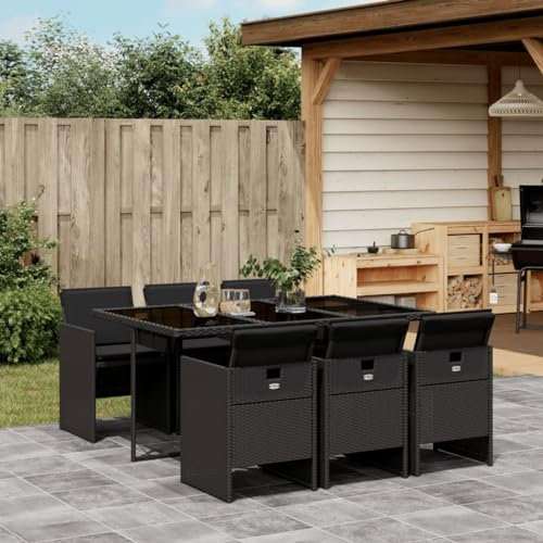 Gecheer 7-TLG. Garten Essgruppe 6 Personen, Rattan Gartenmöbel Set, Sitzgruppe Garten Lounge 6 Stühle mit Tisch, Balkon Möbel, Terrassenmöbel Set, Gartengarnitur Sitzgarnitur, Kissen, Schwarz