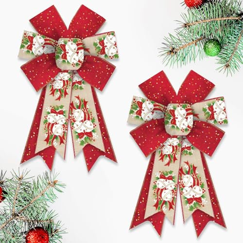 Blinket 2 fiocchi natalizi per ghirlande, 21,5 x 33 cm, con fiocco rosso e beige con campane di Natale, design con agrifoglio, fiocco per albero di Natale, decorazione per interni