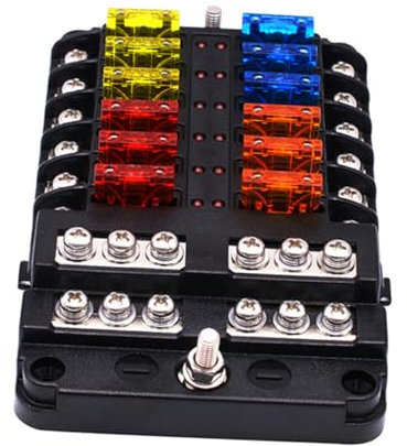 HAWILLOSCH Automotive Fuse Box Holder with 12 Way Input Led Indicator Waterproof Marine Stainless Steel Screws Easy Installation for Car Boat
