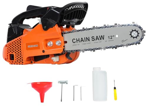 Benzin-Kettensäge, 25,4 cc 2-Takt Motorsäge mit 30 cm Schwert, Handgeführte Hochleistungs-Kettensäge mit automatischer Kettenschmierung, Tragbare Motorsäge für Gartenarbeiten (Orange)