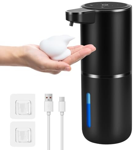 Gaethra Automatischer Seifenspender, 380 ml, Wandseifenspender, Flüssigkeitsspender mit Infrarotsensor, wiederaufladbar über USB, 4 einstellbare Stufen (Schwarz, Schaumstoffart)