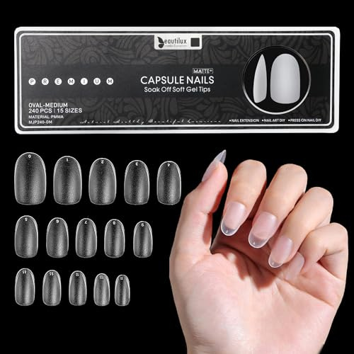 Beautilux 240 Pièces Capsule Americaine Ongle Ovale Moyen, 15 Tailles, Couverture Complète Pré-poncé Mat Capsules Ongles, pour Débutant en Manucure Nail Art