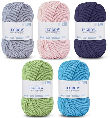 Virkgarn (50 g x 5 färger), 5-vägs garn för stickning, garn för virkning och stickning, set med handstickning, fleecetröja för stickning och pyssel, supermjukt akrylgarn för nybörjare och barn 04