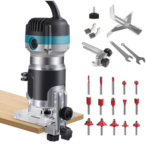 Wood Palm Router Tool, 800W 30000RPM Electric Hand Trimmer, Woodworking Handheld Router Tool Set with 15PCS 1/4(6.35mm) Router Bits Set, 6 Variable Speed, Trimmer Base, Straight Guide