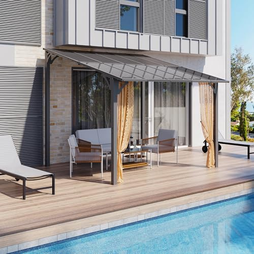 Shintenchi 10 x 10FT Wall-Mounted Metal Gazebo Pergola,Outdoor Sloped Roof Hardtop Patio Gazebo,Heavy Duty Awnings for Patio,Backyard,Deck,Garden