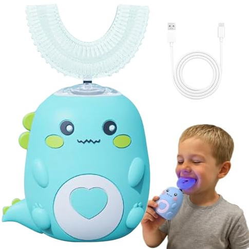 Dino Brush 360° Spazzolino Ultrasonico Bambini, Automatico Dinobrush con Testine In Silicone e Luce LED, Spazzolino Masticabile - Timer, 2 Modalità, Impermeabile IPX7(Green 6-12 Year)