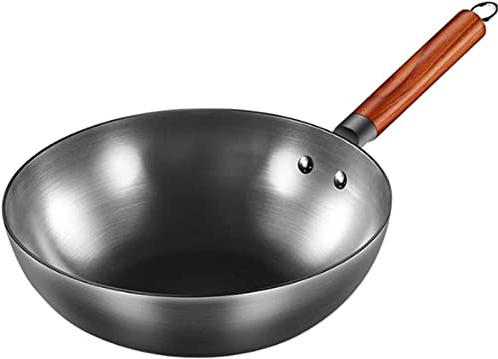 WOTZOV Wok in Ferro, Tradizionale Padella Antiaderente in Ferro Fatta a Mano, per induzione e fornelli a Gas.