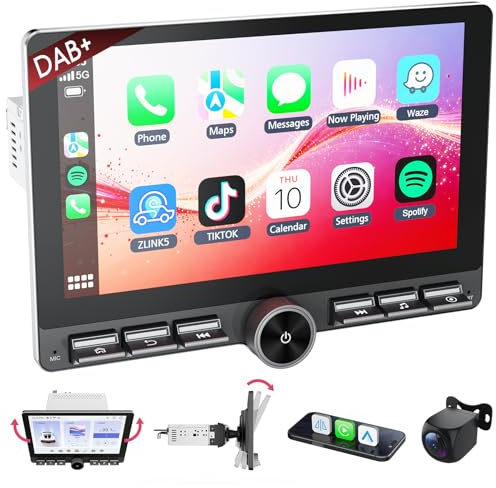 Haudio Dab Radio Coche 1 DIN con CarPlay Inalámbrico y Android Auto,Pantalla Táctil de 10.1 Pulgadas,soporta Manos Libres/FM|Am/Dab/AUX con 1080P Cámara de Respaldo