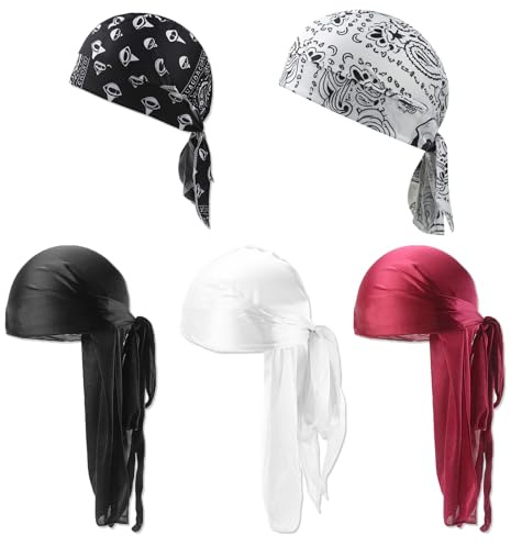 MLPKOI 5Pcs Durag de Seda, Gorro Bandanas Piratas Elástico Envoltura de Cabeza con Cola Larga Correas Anchas Para Hombres y Mujeres Decoración Diaria de Hip-Hop