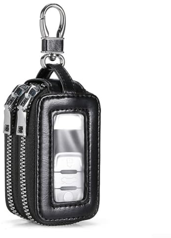 Floweringbeter Car Key Holder With Double Zipper Leather Case And Transparent Window For Secure Key Storage And Fast Identification(Black)