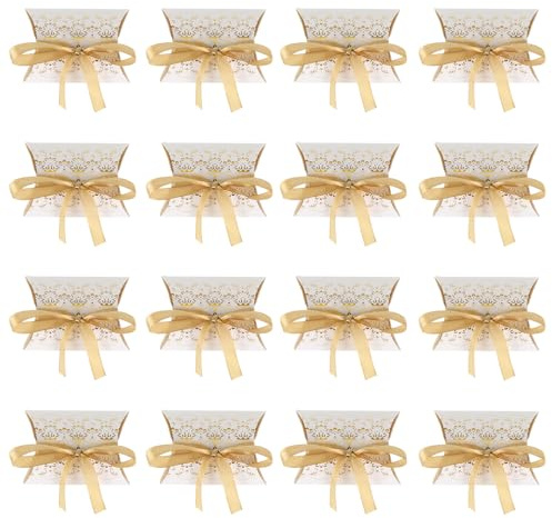 ELAYARD 50 Stück Pillow Shape Geschenkboxen aus Papier mit Goldener Prägung und Goldfarbenem Band Stabile Verpackung für Süßigkeiten Gastgeschenke Hochzeit Party und Aufbewahrung
