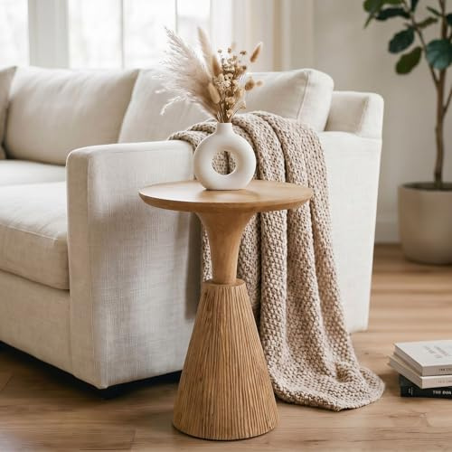 IDIMEX BHIMA Beistelltisch aus massivem Mangoholz, 40 cm, Natur - Design Beistelltisch, runder Couchtisch, Wohnzimmertisch klein, Ablagetisch modern, skulpturaler Beistelltisch.