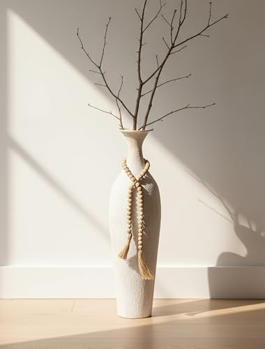 Sziqiqi Rustic White Floor Vase: 60cm Tall Vase Floor Standing with Boho Beads for Fake Plant Pampas Grass Twigs - Metal Extra Large Vasen for Farmhouse Living Room Indoor Fireplace Home Decor