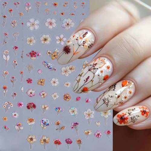 Nagelsticker Blumen, Natürliche Getrocknte Blumen Nagelsticker Selbstklebend 5D Stereoskopisch Klein Frühling Sommer Blumen Nagelaufkleber Nail Art Design Nagelsticker DIY Dekoration 2 Blatt