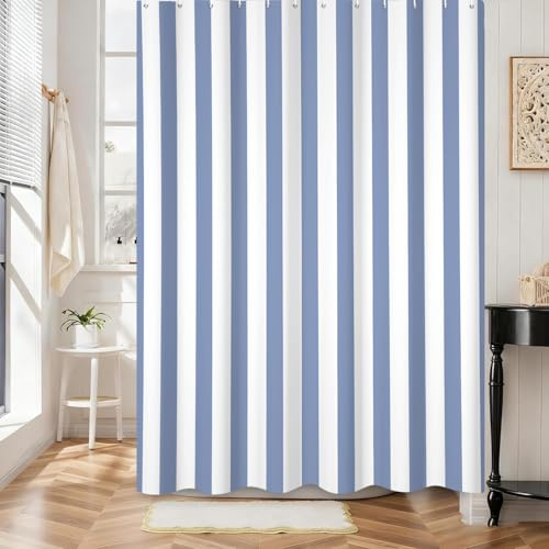 Hnmdmyi Cortina de Ducha a Rayas Verticales 150x180, Rayas Azul y Blancas Cortina de Baño Lavable de Tela de Poliéster Impermeable Minimalista Abstracta Moderna Vintage con Ganchos