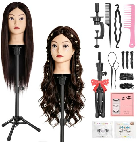 Yofuly 23 Hairdressing Training Head with Wig Stand Tripod, 80% Real Hair Mannequin Head, Doll Head for Hair Styling with Table Clamp + DIY Braid Set(Dark Brown)