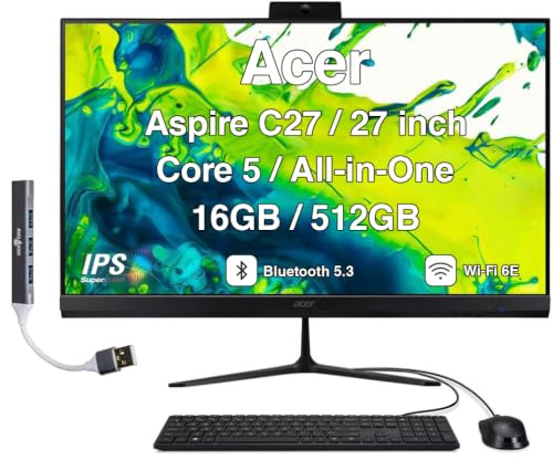 Acer Aspire C27 All-in-One Desktop, 27 IPS FHD, Intel Core 5 120U | 16GB DDR5, 512GB PCIe SSD, USB Keyboard and Mouse, Wi-Fi 6E, Bluetooth 5.3, Webcam, Windows 11 Home /w USB Hub