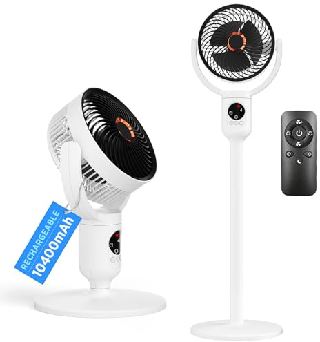 Lepwings Ventilador de Pie con Batería de 10400 mAh con Mando a Distancia, Ventilador Silencioso con 5 Velocidades, Oscilación de 90° e Inclinación de 120°, Temporizador de 3/6/9 Horas