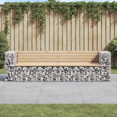 Zeiquah Gabion Garden Bench with Solid Pine Seat 244 x 71 x 65.5 cm Weatherproof Robust Multi-Seater with Armrests and Backrest for Patio Balcony Outdoor Use