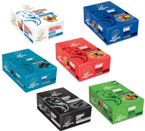 Pick Any 2 Lion 2kg Boxes, You Choose the Ones You Want; Lion Mini Gems (Formerly Midget Gems), Football Gums, Licorice Gums, Wine Gums, Fruit Salad and Poor Bens