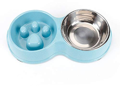 DS.PETTING Slow Feeder Dog cat Double Bowl Stainless Steel and Anti-Choking Blue